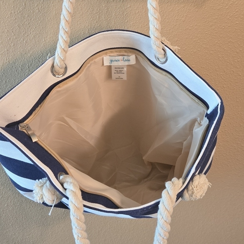 Grace and Lace Blue White Stripe Nautical Tote Bag - Picture 2 of 3